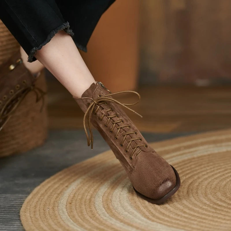 Genuine Leather  Women Retro Lace Ankle Boots for Women - Ghoddosh