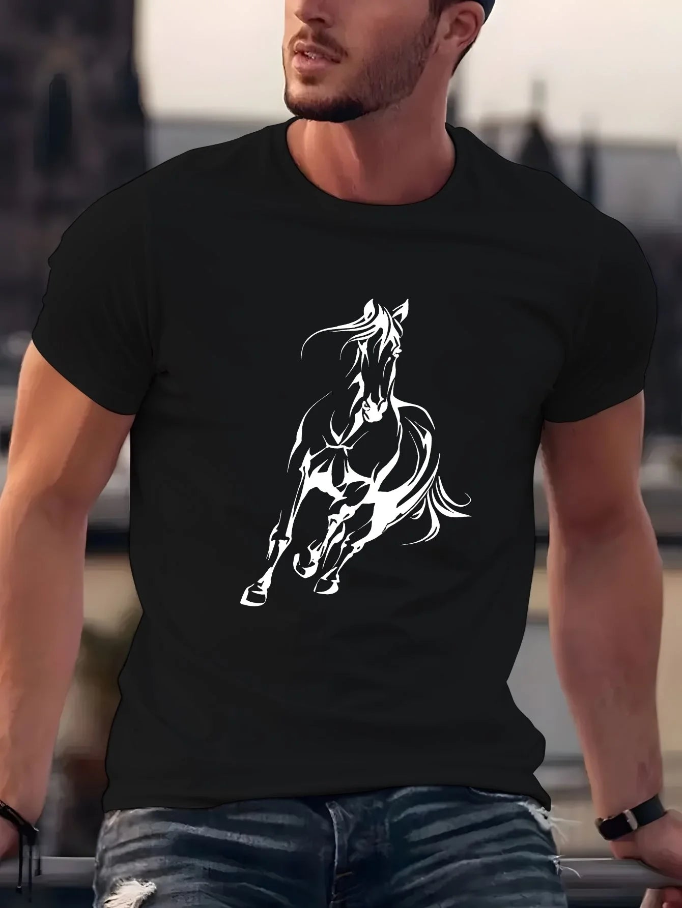 Men's  pure cotton fashionable casual  running horse pattern T- Shirt  - Ghoddosh
