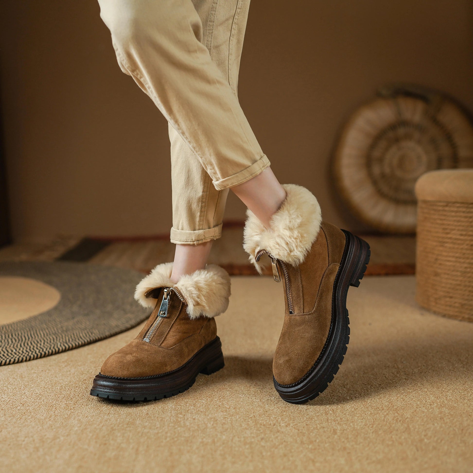 Cow Suede Round-Toe Winter Ankle Boots with Thick Fur Lining, Mid Heel with Front Zipper - Ghoddosh