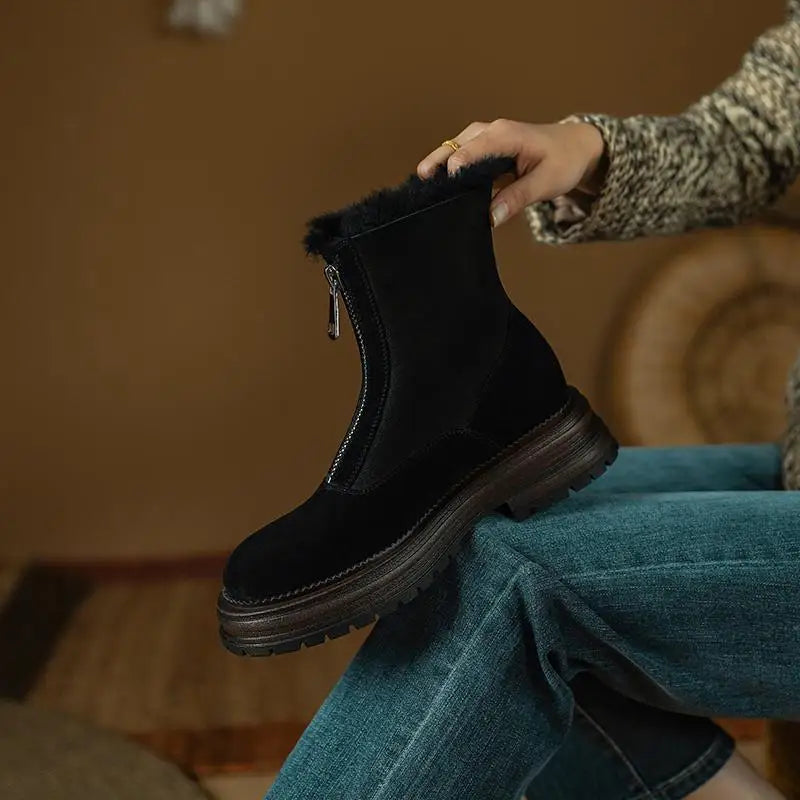 Cow Suede Round-Toe Winter Ankle Boots with Thick Fur Lining, Mid Heel with Front Zipper - Ghoddosh