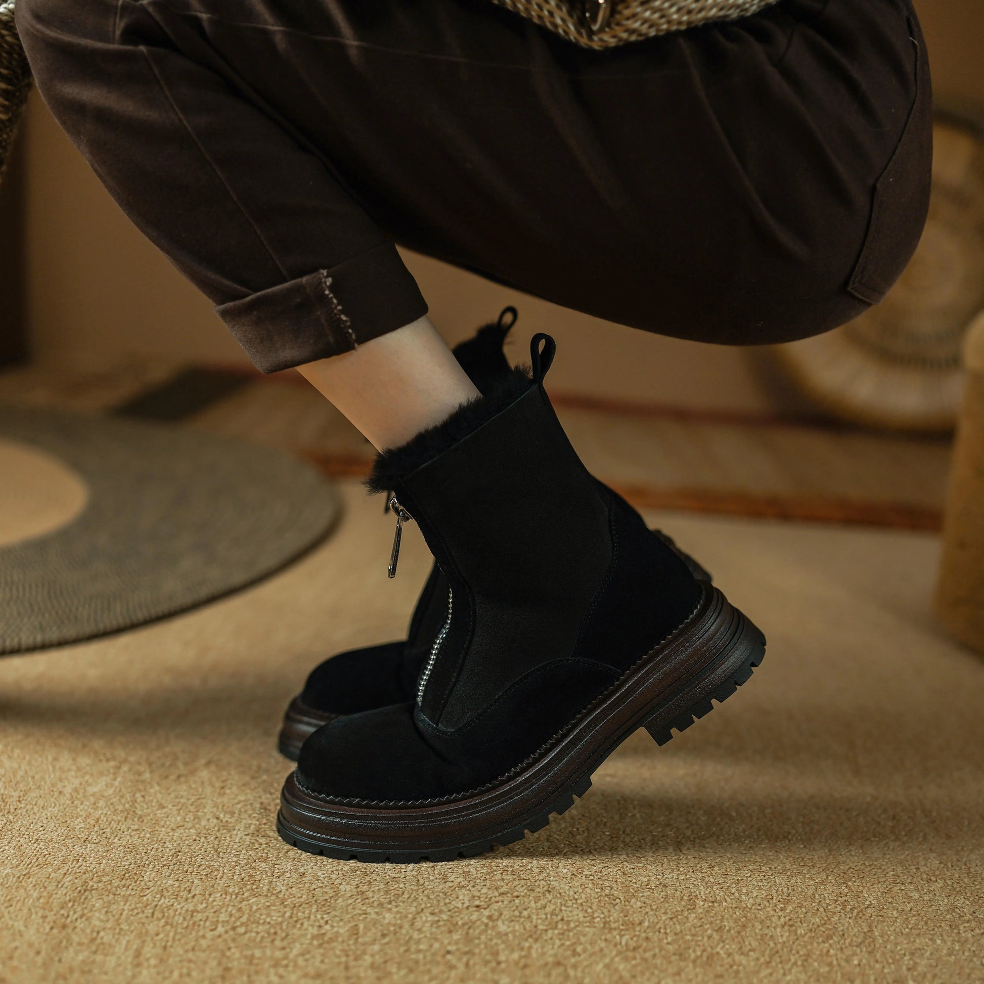 Cow Suede Round-Toe Winter Ankle Boots with Thick Fur Lining, Mid Heel with Front Zipper - Ghoddosh