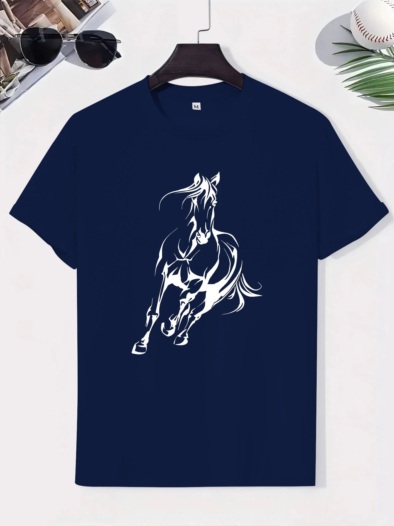 Men's  pure cotton fashionable casual  running horse pattern T- Shirt  - Ghoddosh