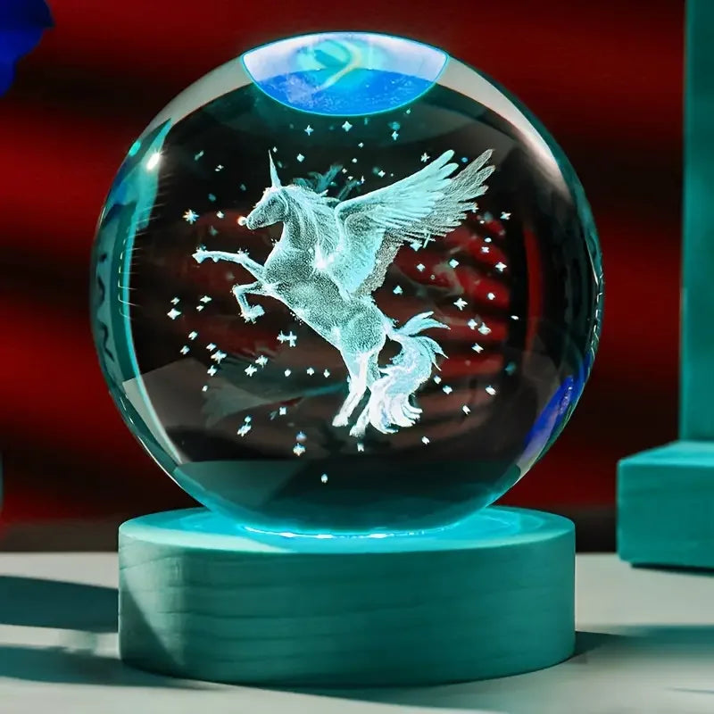 Unicorn 3D Laser Carved Crystal Ball, beautifully illuminated by a wooden-colored LED lamp holder - Ghoddosh