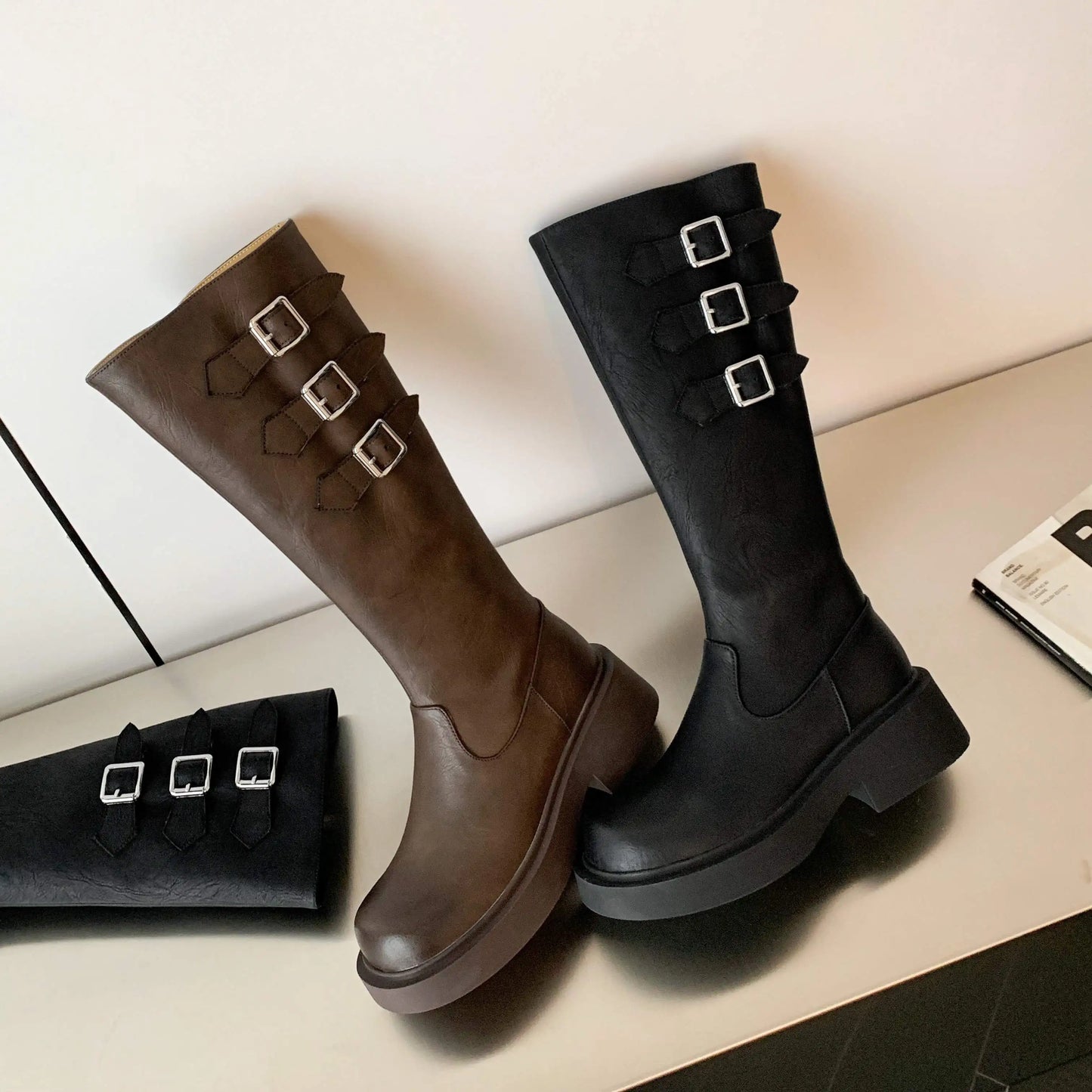 Cowhide Leather Knee-High Riding Boots — Women’s Warm Winter Heels with Belt Buckle - Ghoddosh