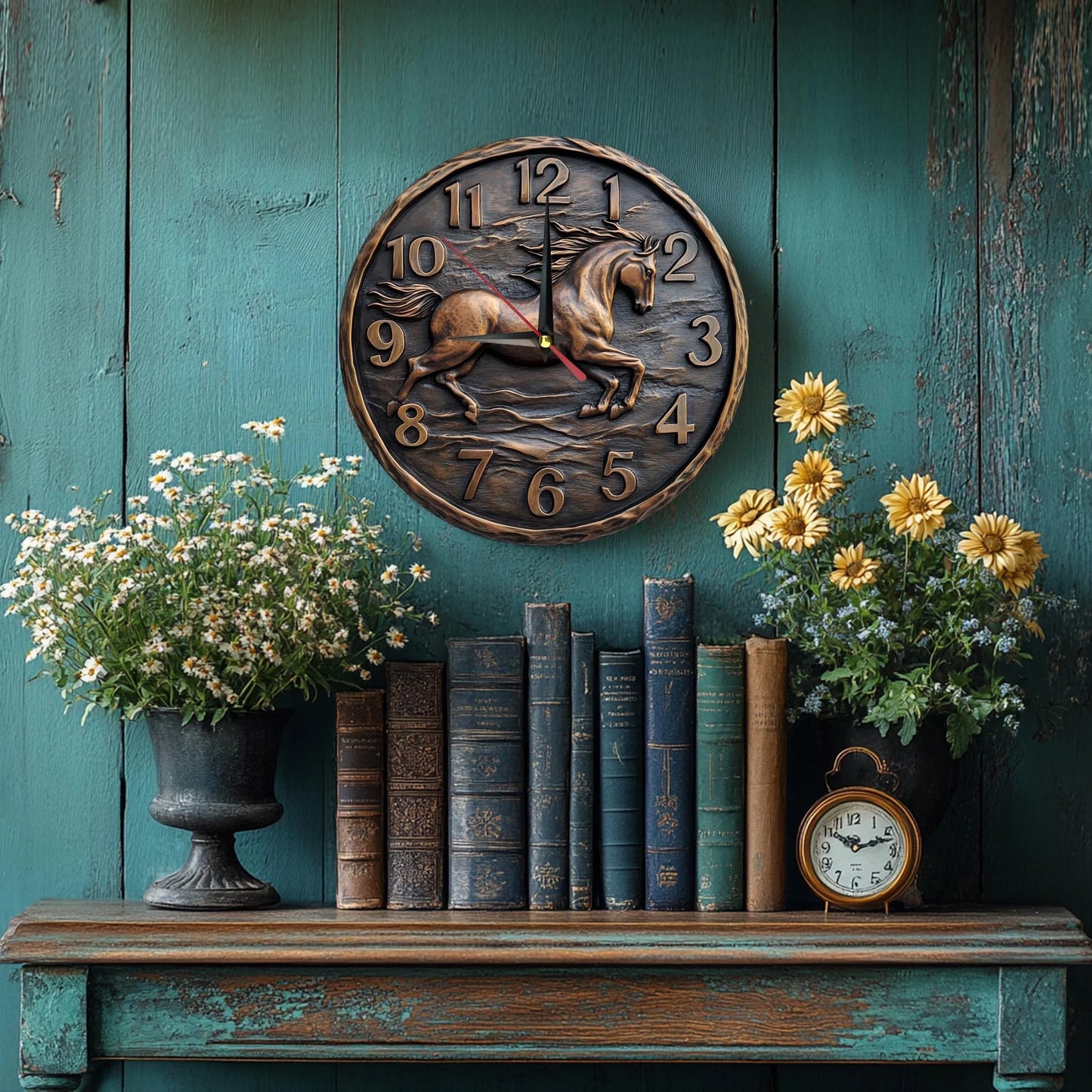 Wooden wall clock with a galloping horse design. - Ghoddosh