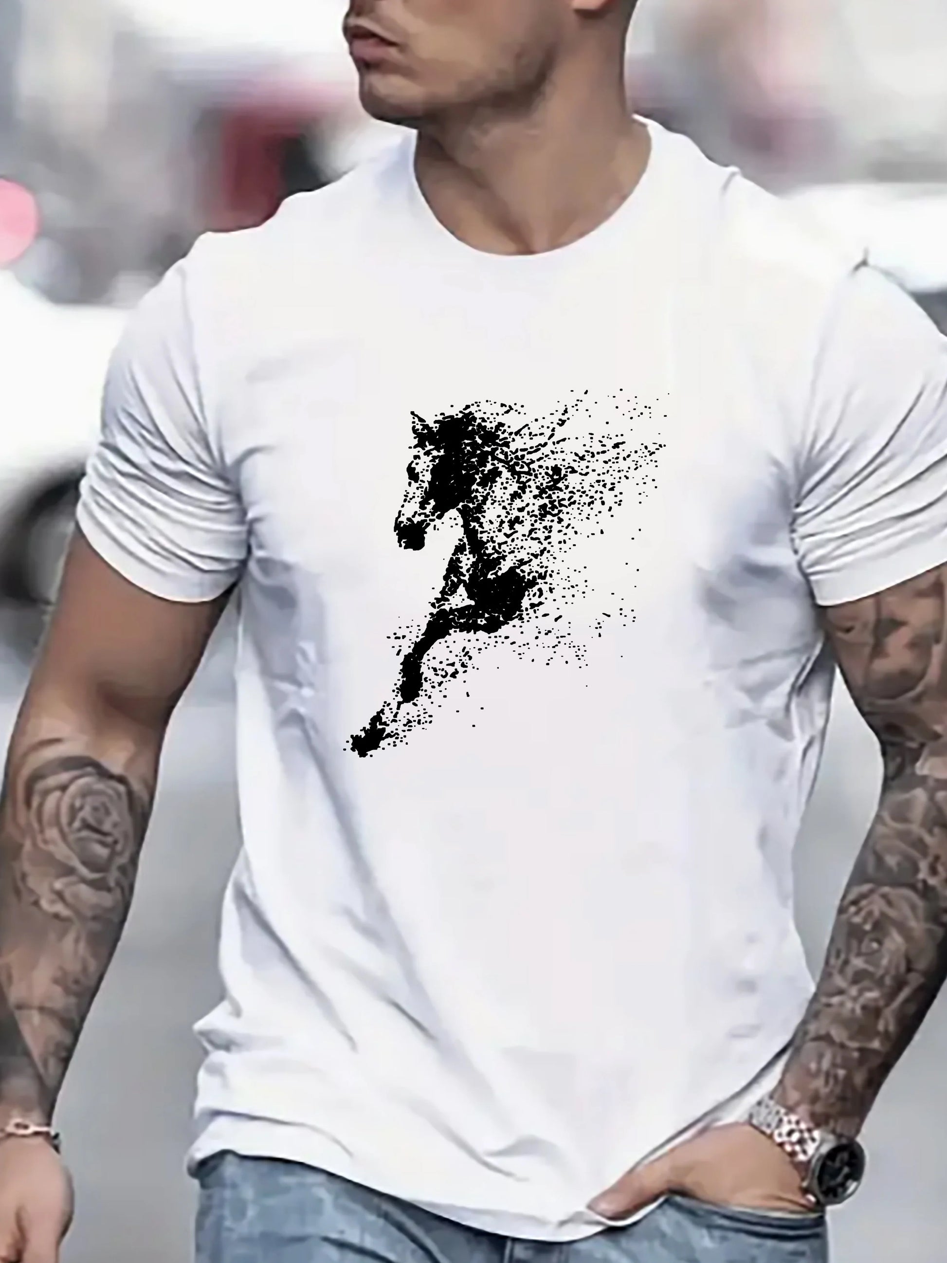 Men's Cotton Fashionable Casual Loose Large Black Horse Printed Pattern Short Sleeve T-shirt - Ghoddosh