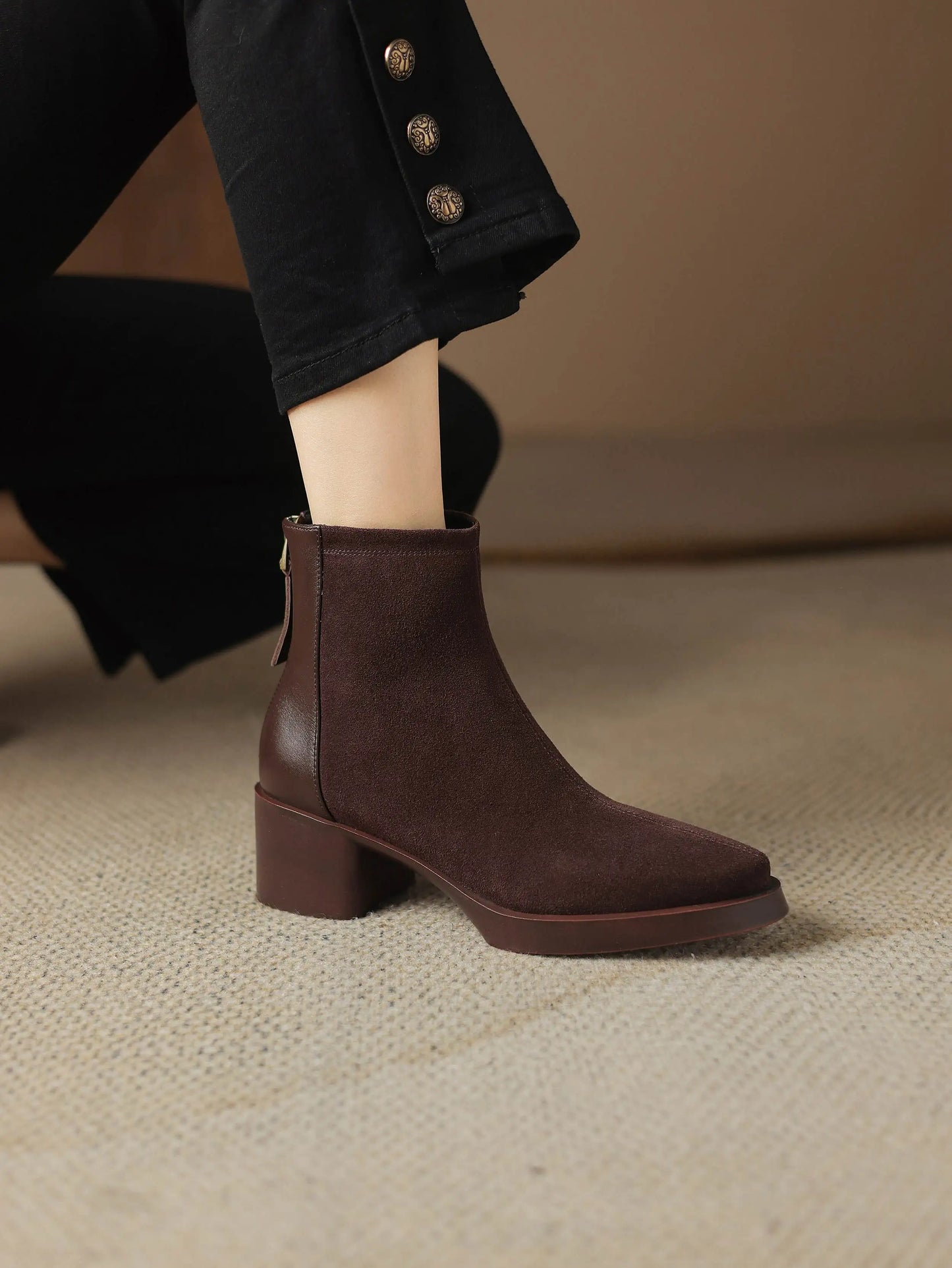 Premium Equestrian Suede Ankle Boots — Plus Sizes 34–43, Square Toe Mid Heels, Warm Winter Comfort - Ghoddosh
