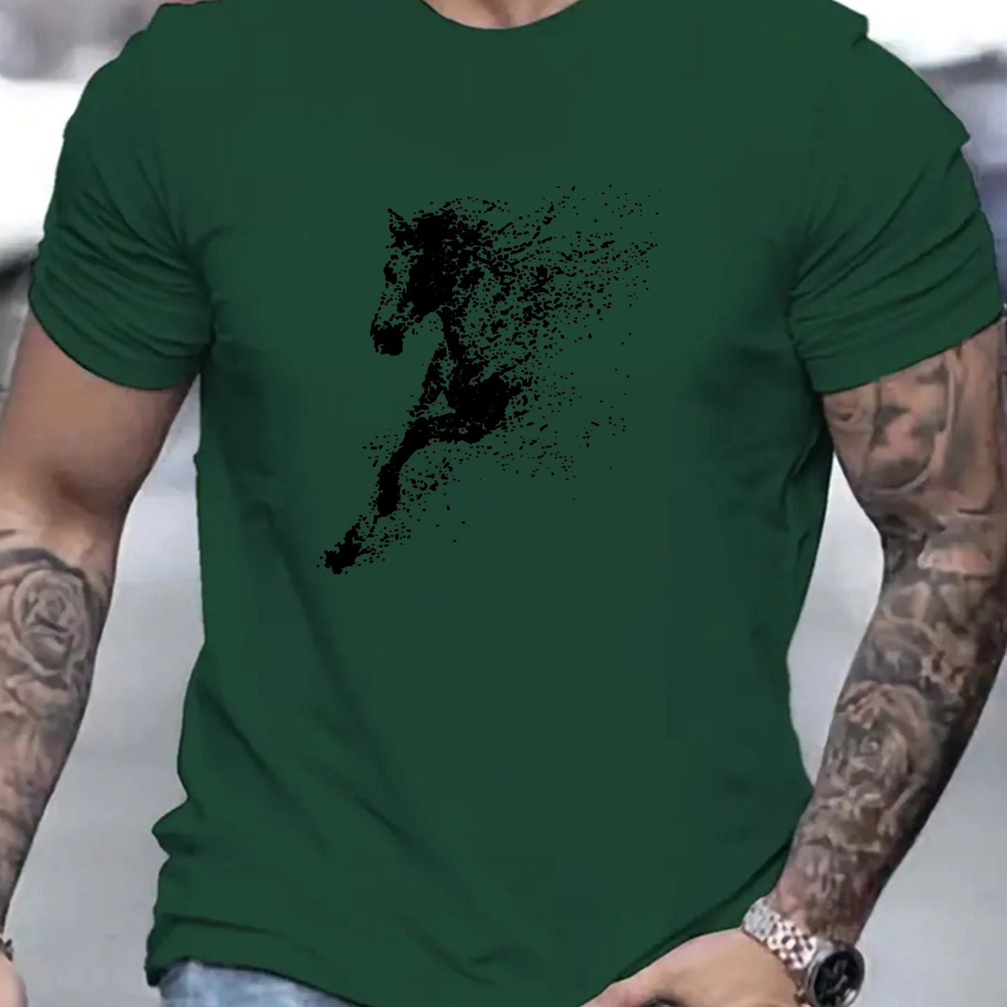 Men's Cotton Fashionable Casual Loose Large Black Horse Printed Pattern Short Sleeve T-shirt - Ghoddosh