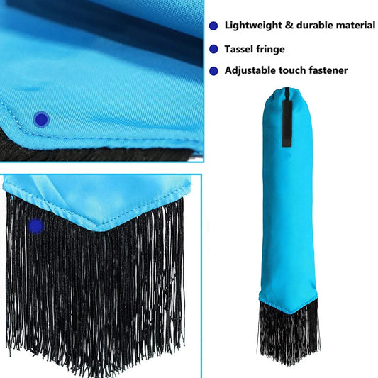A Colored horse tail bag attached to a horse's tail, with fringes. Ghoddosh