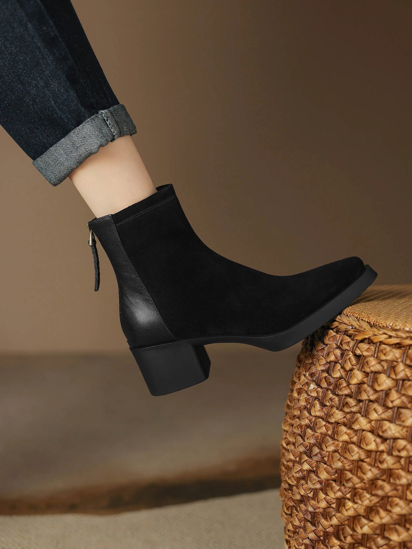 Premium Equestrian Suede Ankle Boots — Plus Sizes 34–43, Square Toe Mid Heels, Warm Winter Comfort - Ghoddosh