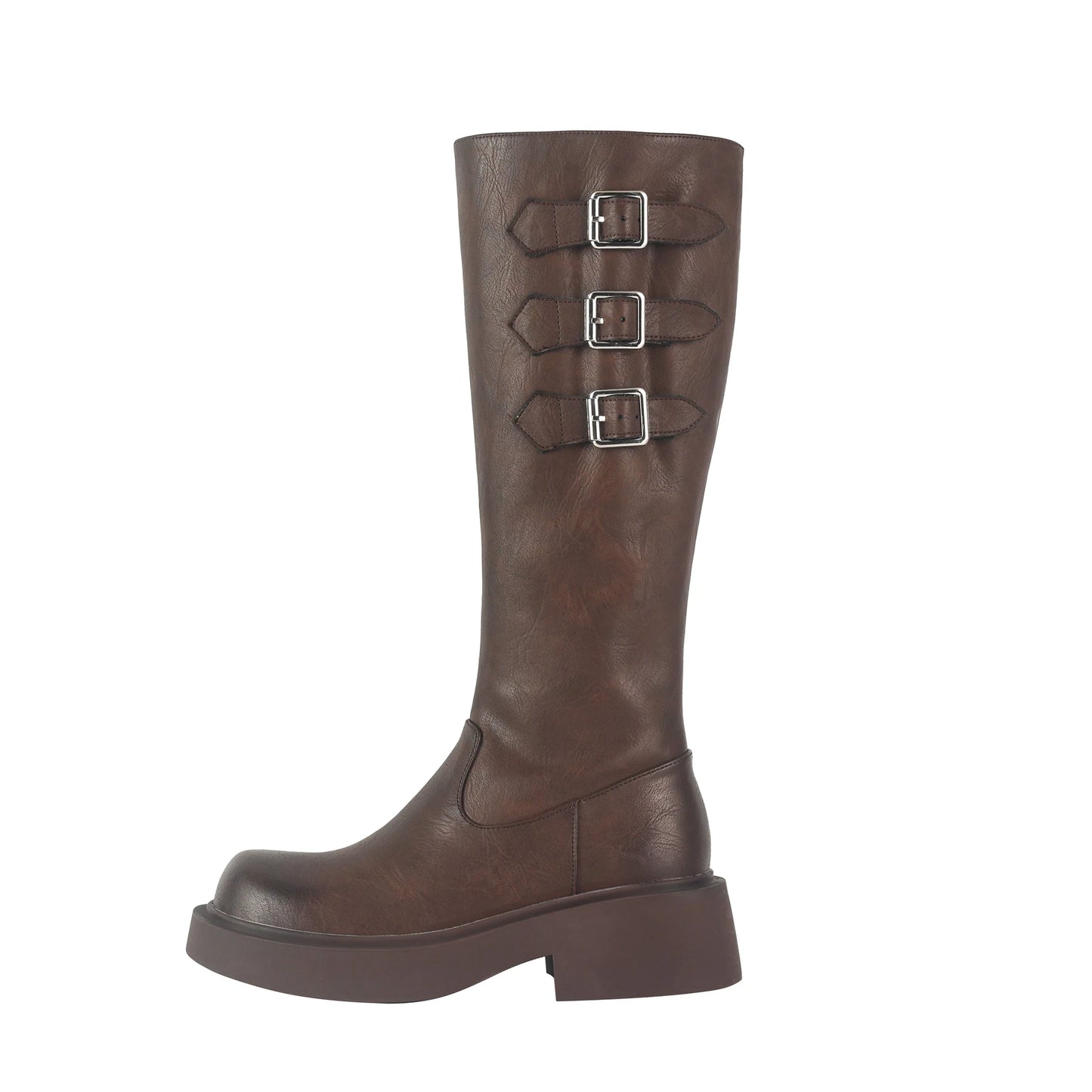 Cowhide Leather Knee-High Riding Boots — Women’s Warm Winter Heels with Belt Buckle - Ghoddosh