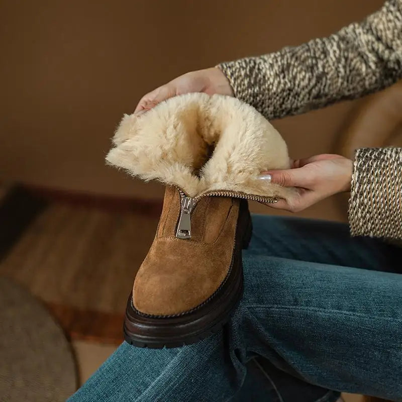 Cow Suede Round-Toe Winter Ankle Boots with Thick Fur Lining, Mid Heel with Front Zipper - Ghoddosh