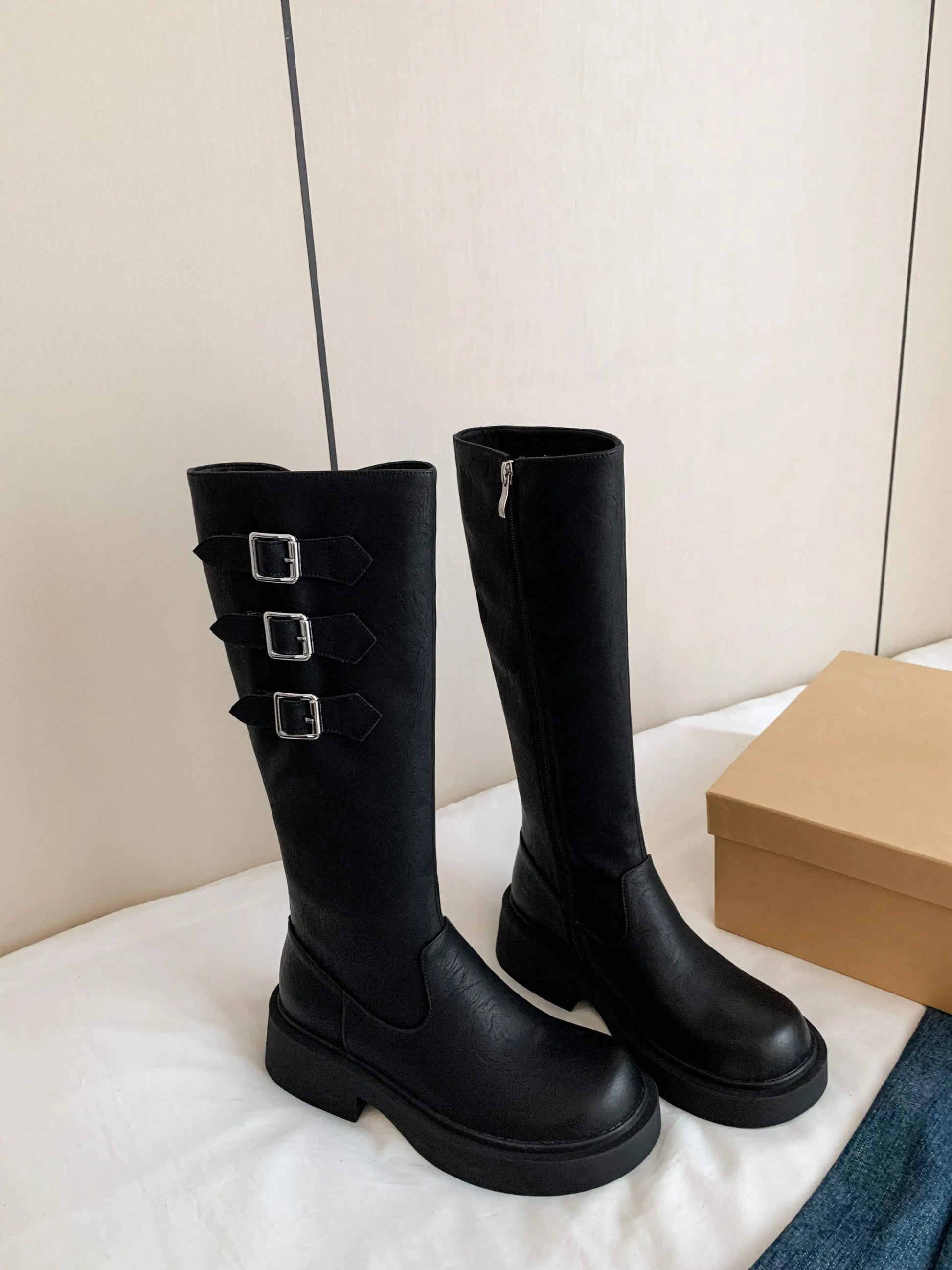 Cowhide Leather Knee-High Riding Boots — Women’s Warm Winter Heels with Belt Buckle - Ghoddosh