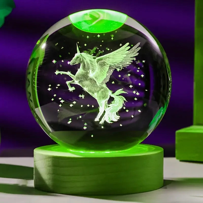Unicorn 3D Laser Carved Crystal Ball, beautifully illuminated by a wooden-colored LED lamp holder - Ghoddosh