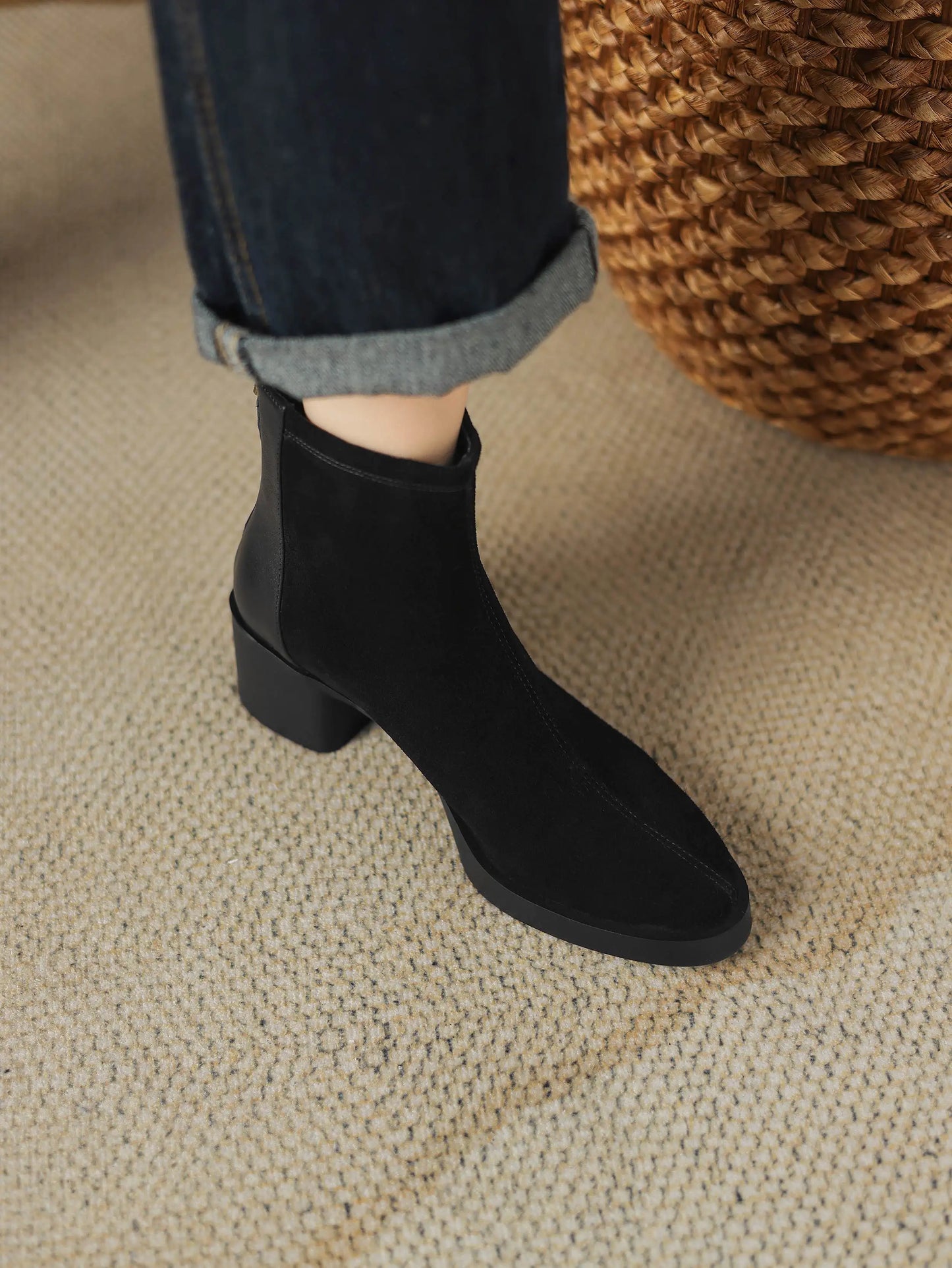 Premium Equestrian Suede Ankle Boots — Plus Sizes 34–43, Square Toe Mid Heels, Warm Winter Comfort - Ghoddosh