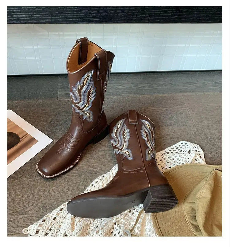 Embroidered brown cowboy boots — square toe and chunky mid-calf heel. - Ghoddosh