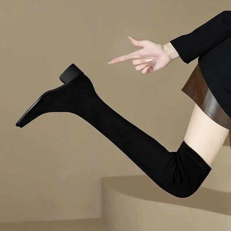 English Style Med Heels Thin Leg Square Toe   , New Stretch Slip on Over-the-knee Boots - Ghoddosh