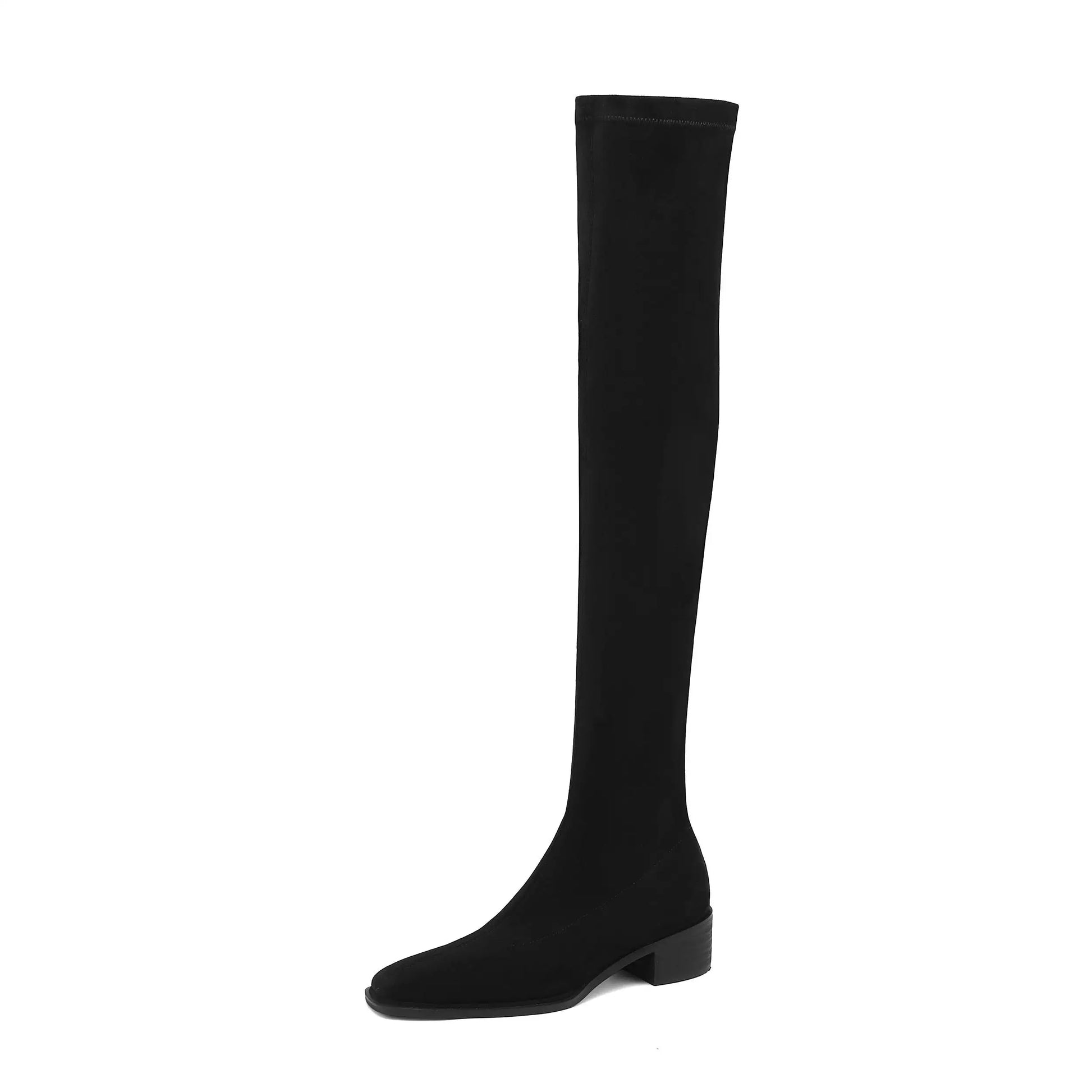 English Style Med Heels Thin Leg Square Toe   , New Stretch Slip on Over-the-knee Boots - Ghoddosh