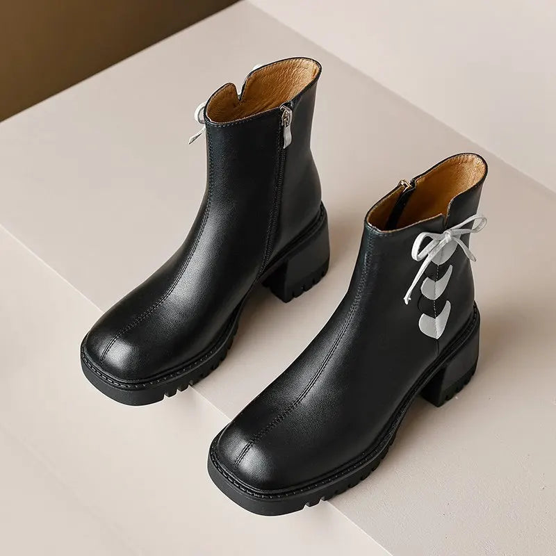 2026 Full Grain Leather , Square Toe , Thick High Heels Retro Fashion  Handmade Bowtie  - with Hearts  - Ghoddosh