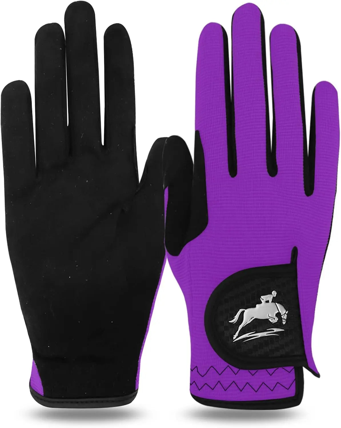 An advertisement for women's equestrian horse riding gloves featuring a woman sitting on a brown horse with the horse equipped with black and gray riding gear.