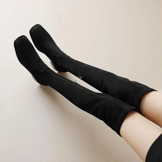 Elegant Modern Med Heels Square Toe Stretch Long Boots  , European Design Over-the-knee Boots - Ghoddosh