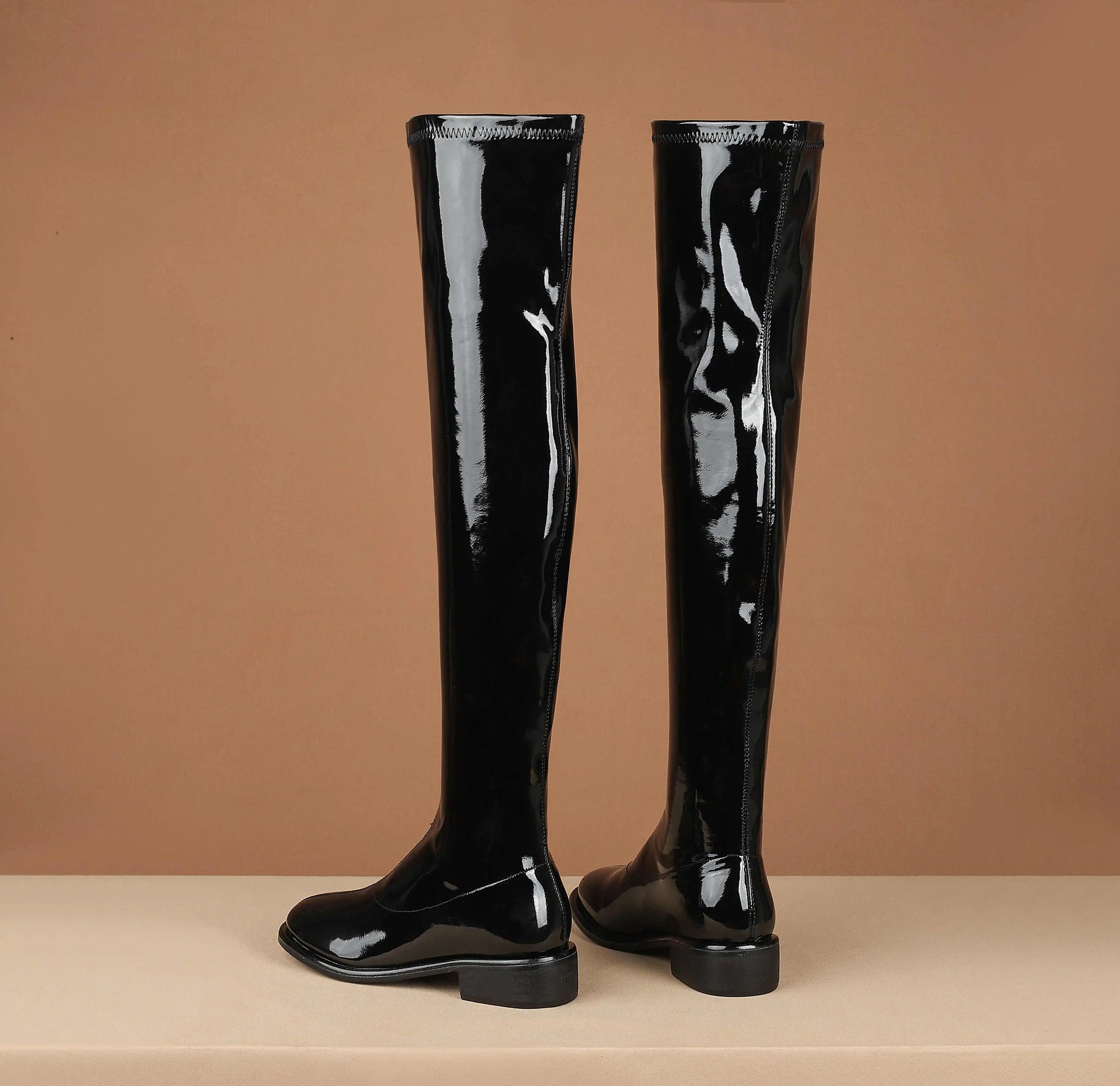 Round Toe Chunky Med Heel Stretch Over-the-knee Boots - Ghoddosh