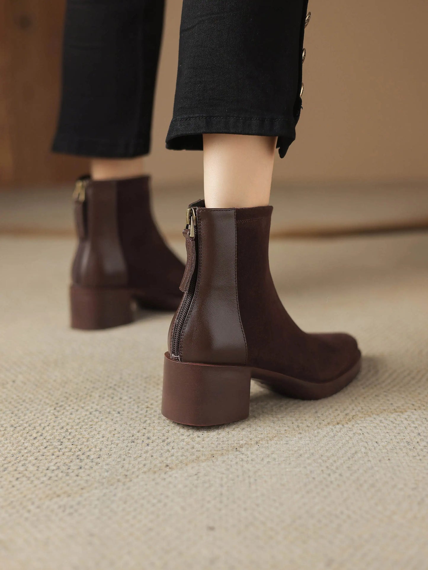 Premium Equestrian Suede Ankle Boots — Plus Sizes 34–43, Square Toe Mid Heels, Warm Winter Comfort - Ghoddosh