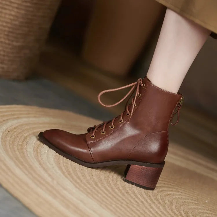 New  Split Leather Women  Round Toe  Chunky Heels Boots - Ghoddosh