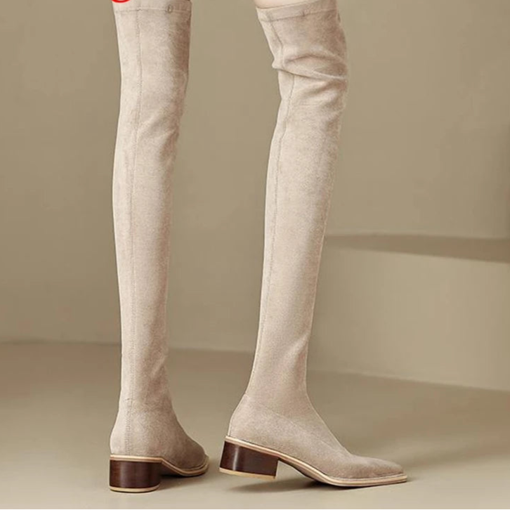 English Style Med Heels Thin Leg Square Toe   , New Stretch Slip on Over-the-knee Boots - Ghoddosh