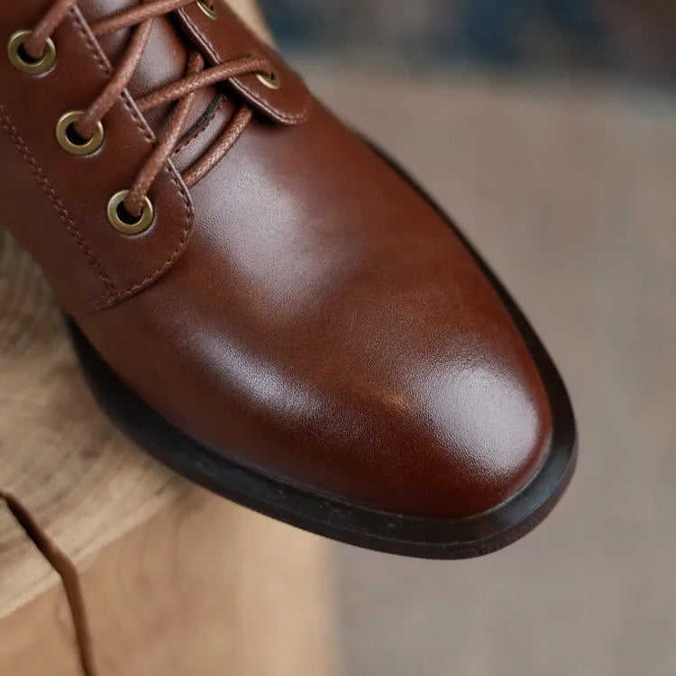 New  Split Leather Women  Round Toe  Chunky Heels Boots - Ghoddosh