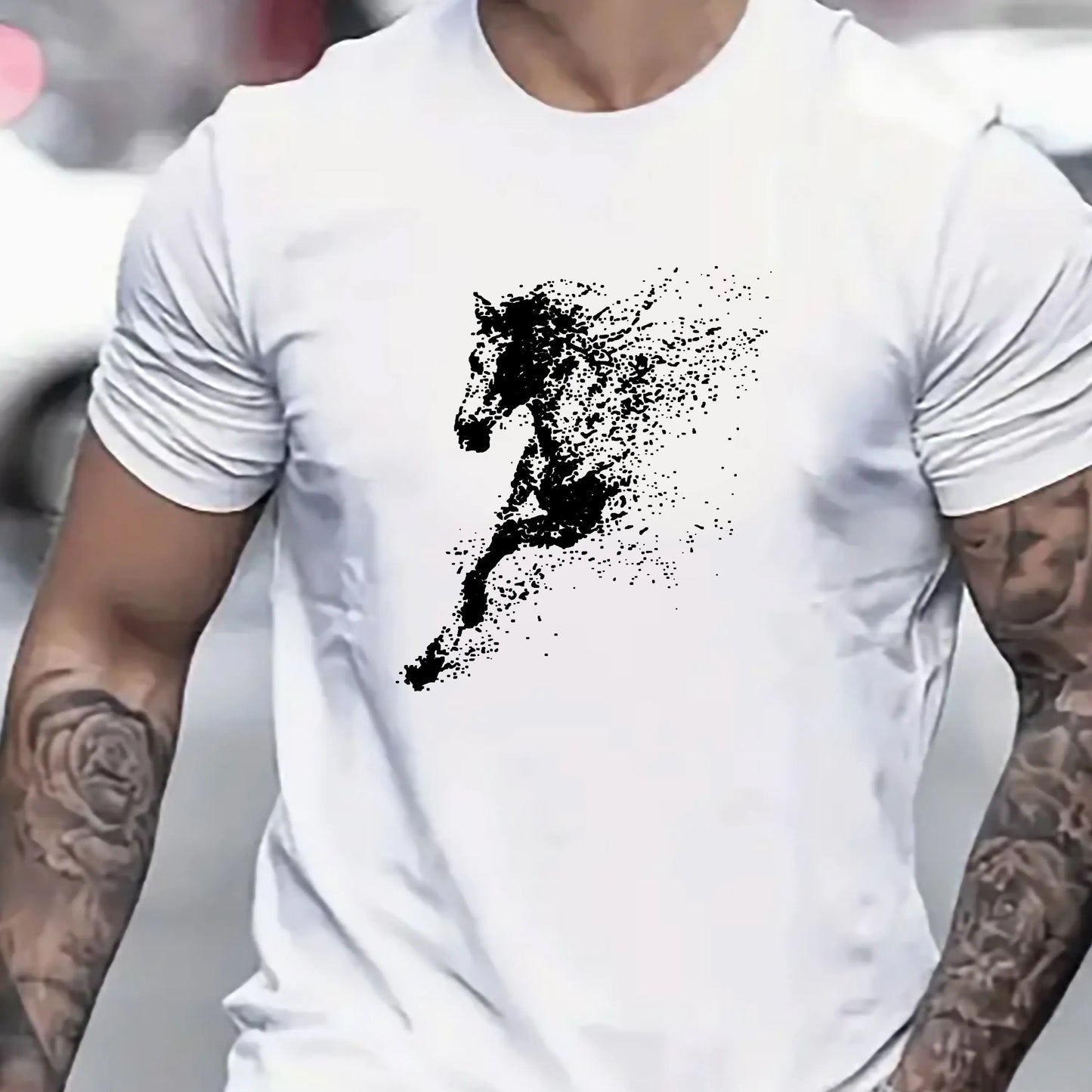 Men's Cotton Fashionable Casual Loose Large Black Horse Printed Pattern Short Sleeve T-shirt - Ghoddosh