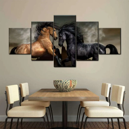 5 Panel Clashing Wild Running Horses Wall Art  Canvas Décor
