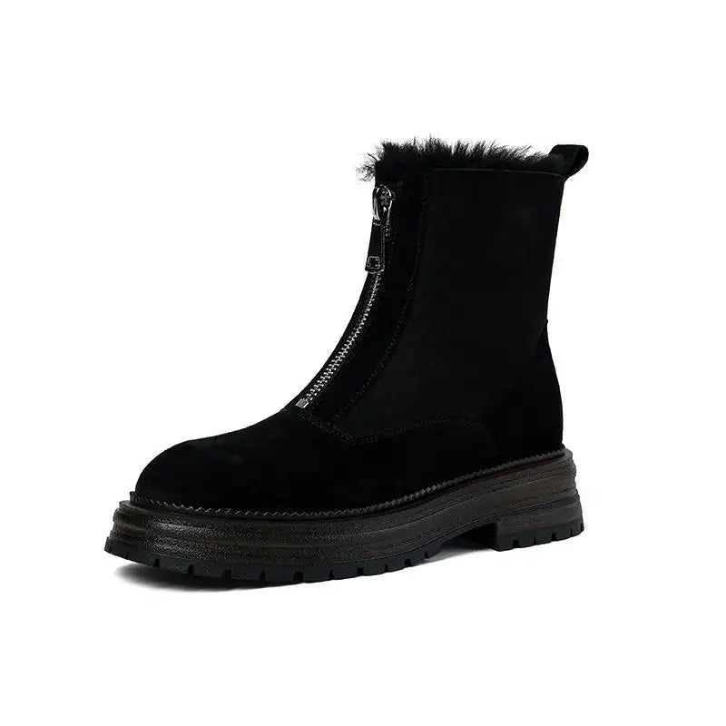 Cow Suede Round-Toe Winter Ankle Boots with Thick Fur Lining, Mid Heel with Front Zipper - Ghoddosh