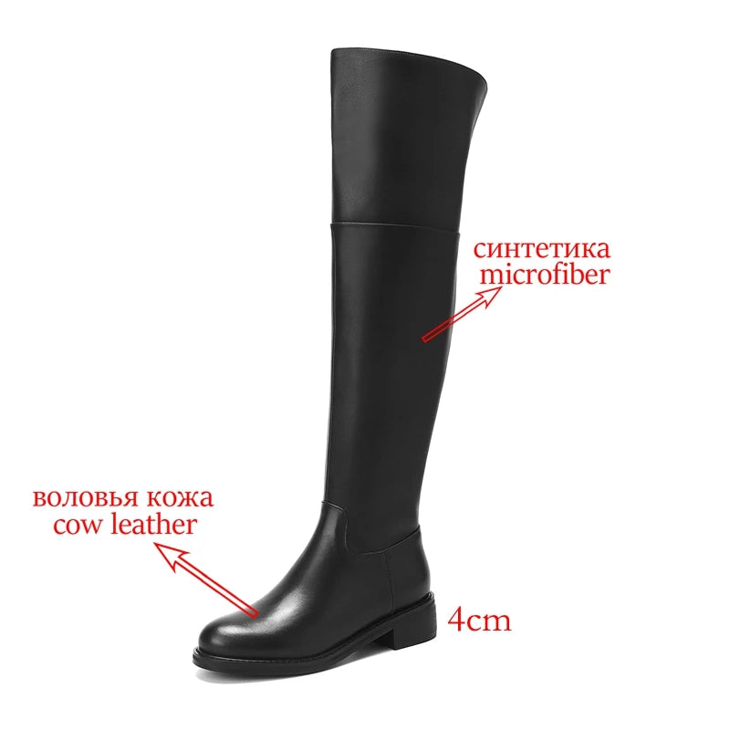 Black Classic Over‑the‑Knee Boots — Cow Leather, Mid Heel, Simple Daily Style