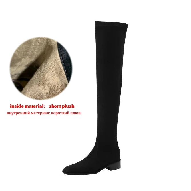 Elegant Modern Med Heels Square Toe Stretch Long Boots  , European Design Over-the-knee Boots - Ghoddosh
