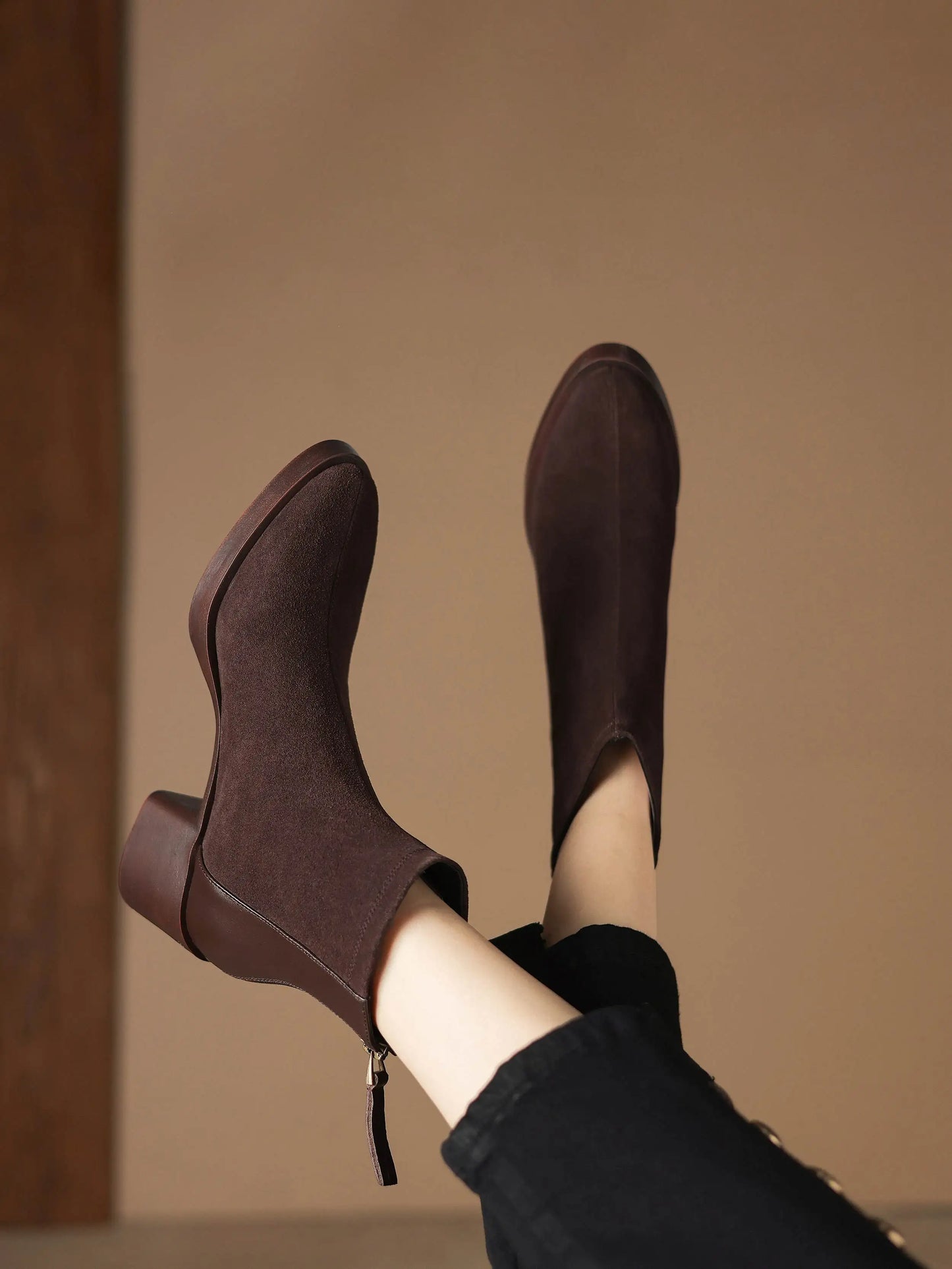 Premium Equestrian Suede Ankle Boots — Plus Sizes 34–43, Square Toe Mid Heels, Warm Winter Comfort - Ghoddosh