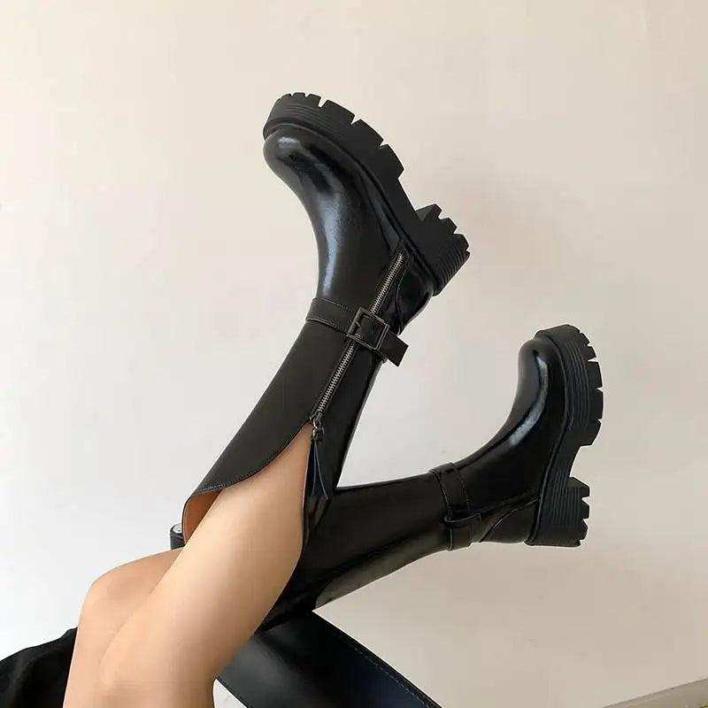 Handmade Full Grain Leather Round Toe Med Riding Heels / Long Boots Platform Deign Boots - Ghoddosh