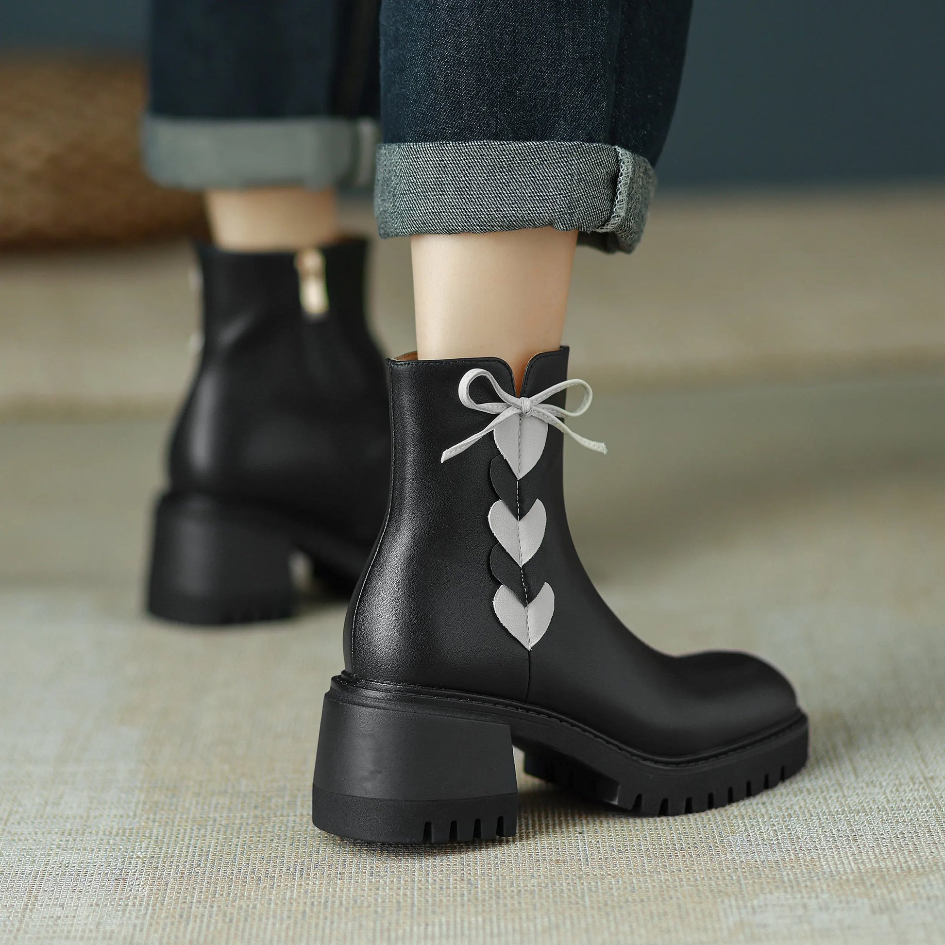 2026 Full Grain Leather , Square Toe , Thick High Heels Retro Fashion  Handmade Bowtie  - with Hearts  - Ghoddosh