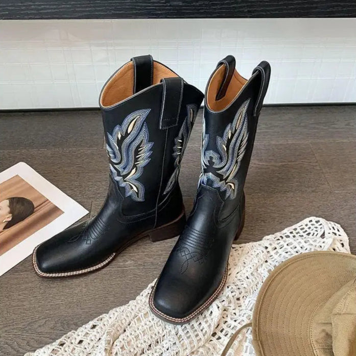 Embroidered brown cowboy boots — square toe and chunky mid-calf heel. - Ghoddosh
