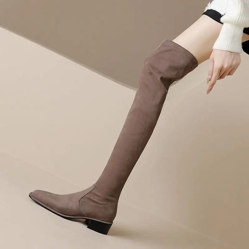 Elegant Modern Med Heels Square Toe Stretch Long Boots  , European Design Over-the-knee Boots - Ghoddosh