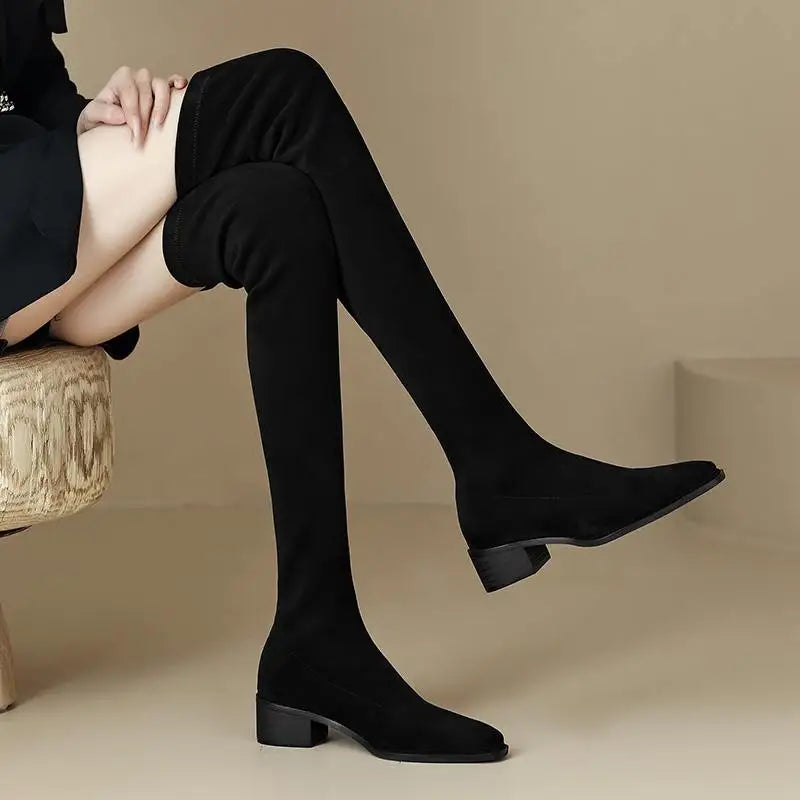 English Style Med Heels Thin Leg Square Toe   , New Stretch Slip on Over-the-knee Boots - Ghoddosh