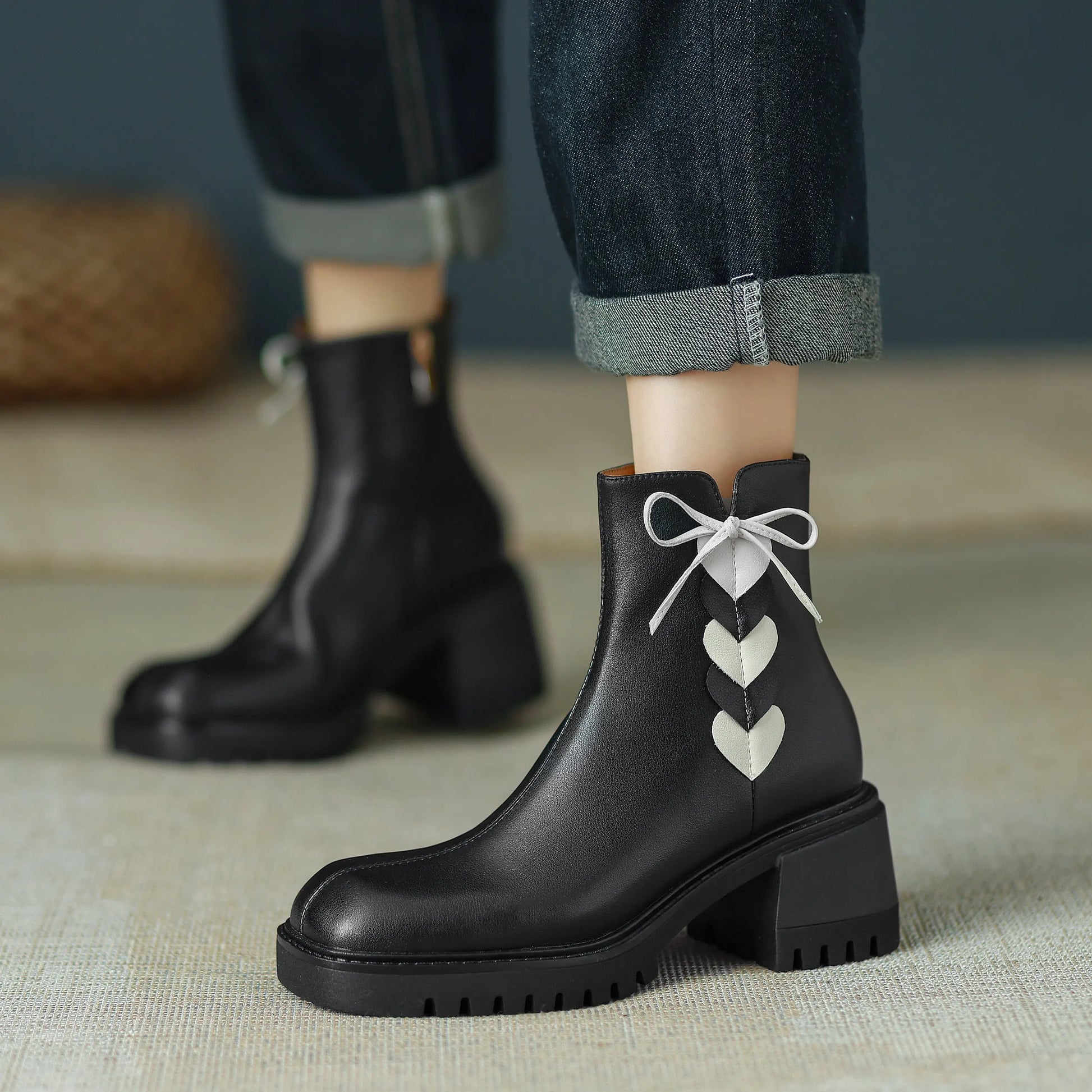 2026 Full Grain Leather , Square Toe , Thick High Heels Retro Fashion  Handmade Bowtie  - with Hearts  - Ghoddosh