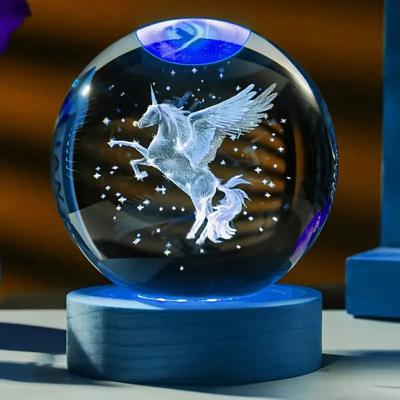 Unicorn 3D Laser Carved Crystal Ball, beautifully illuminated by a wooden-colored LED lamp holder - Ghoddosh