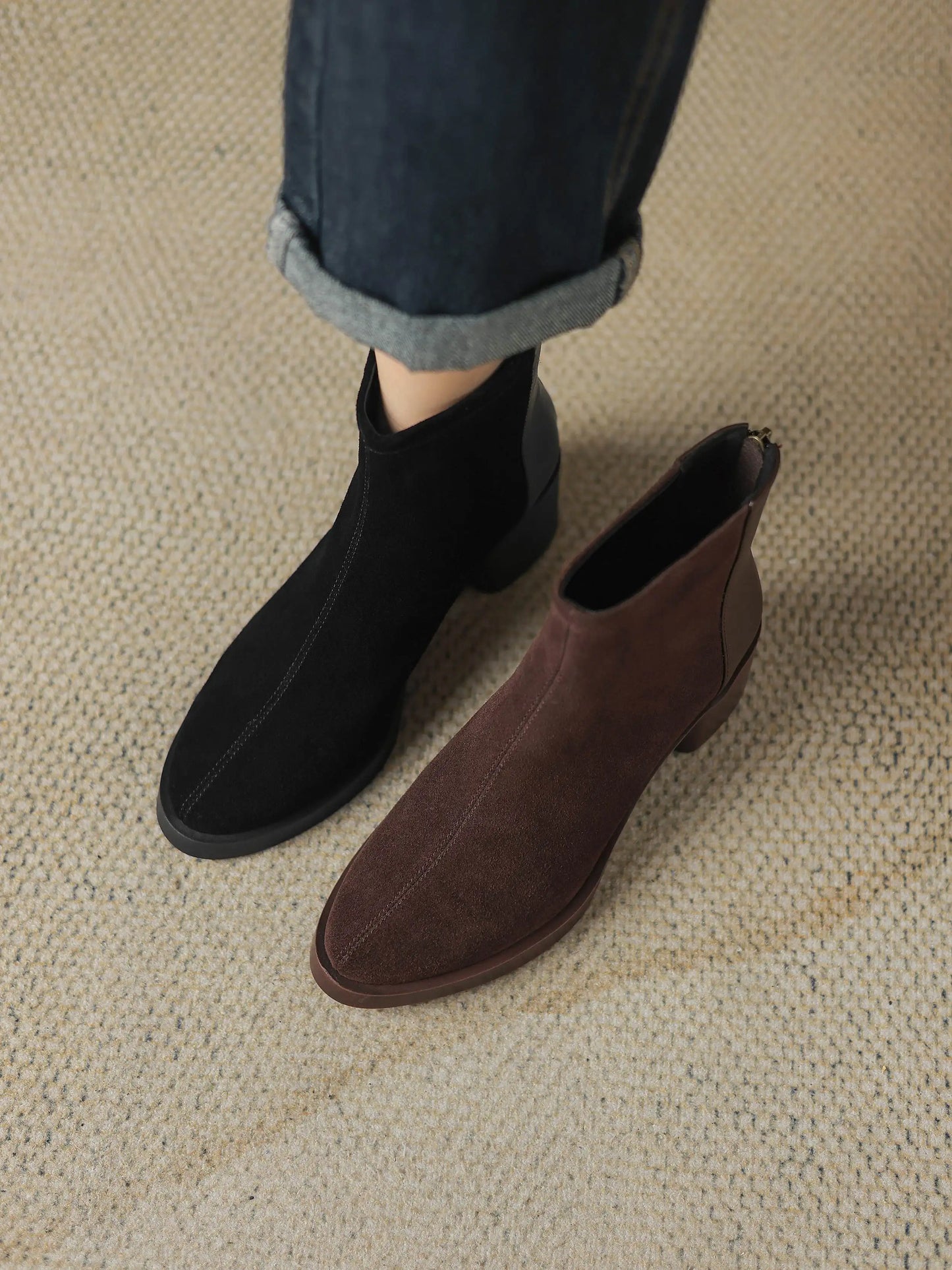 Premium Equestrian Suede Ankle Boots — Plus Sizes 34–43, Square Toe Mid Heels, Warm Winter Comfort - Ghoddosh