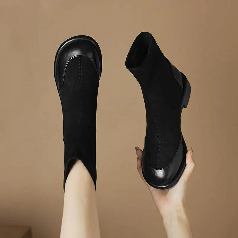 Microfiber Low Heels Modern Chelsea Motorcycle Boots Casual Winter Autumn Vintage Women Elastic Ankle Boots - Ghoddosh