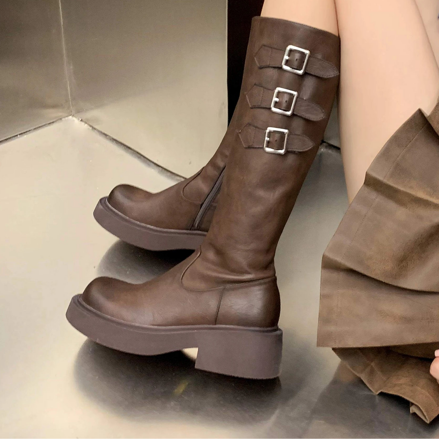 Cowhide Leather Knee-High Riding Boots — Women’s Warm Winter Heels with Belt Buckle - Ghoddosh