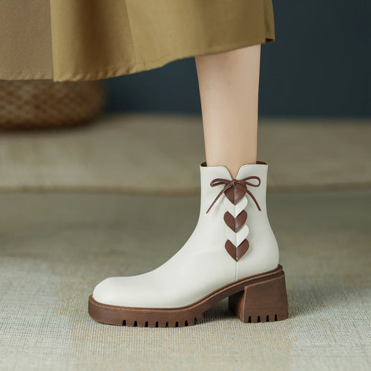 2026 Full Grain Leather , Square Toe , Thick High Heels Retro Fashion  Handmade Bowtie  - with Hearts  - Ghoddosh