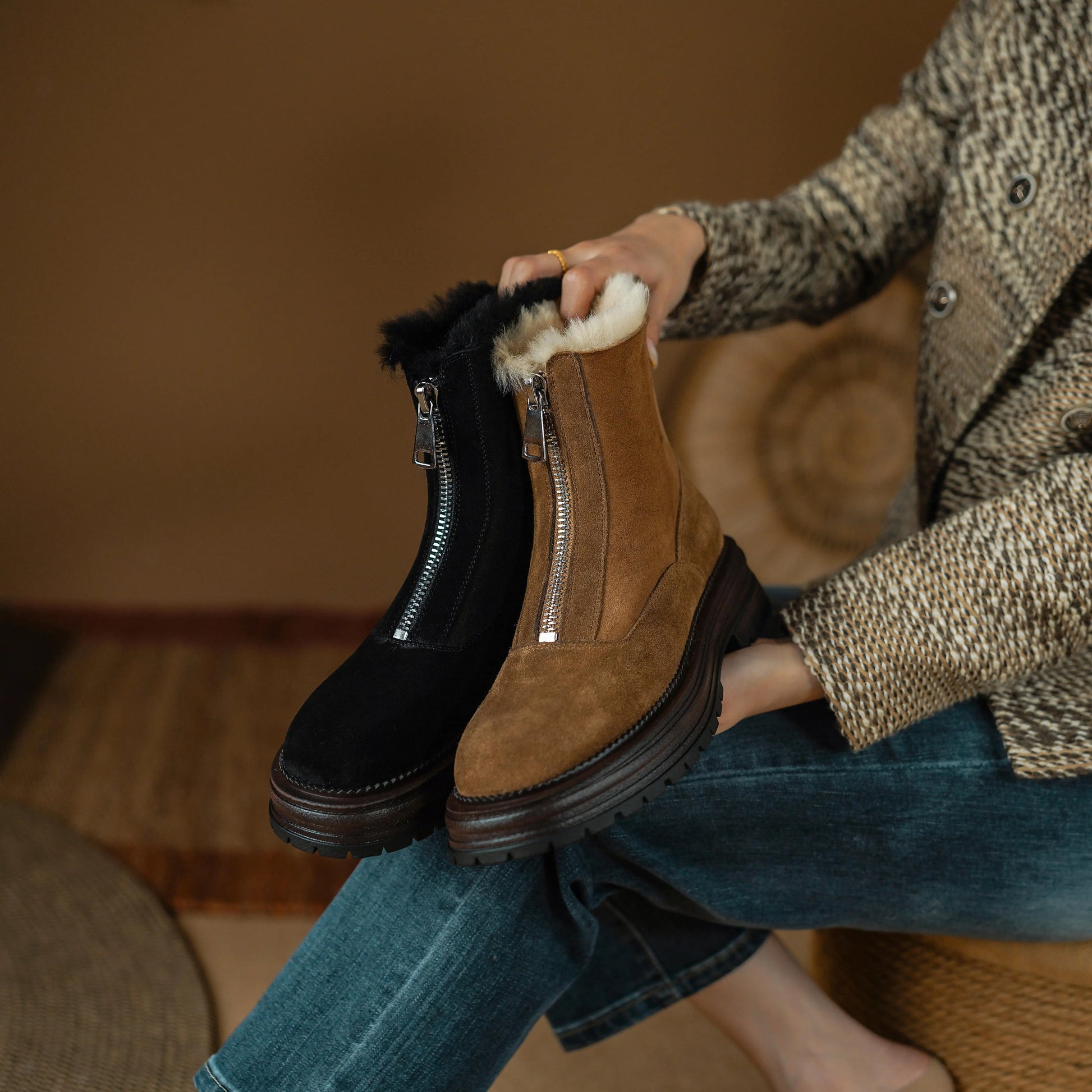 Cow Suede Round-Toe Winter Ankle Boots with Thick Fur Lining, Mid Heel with Front Zipper - Ghoddosh