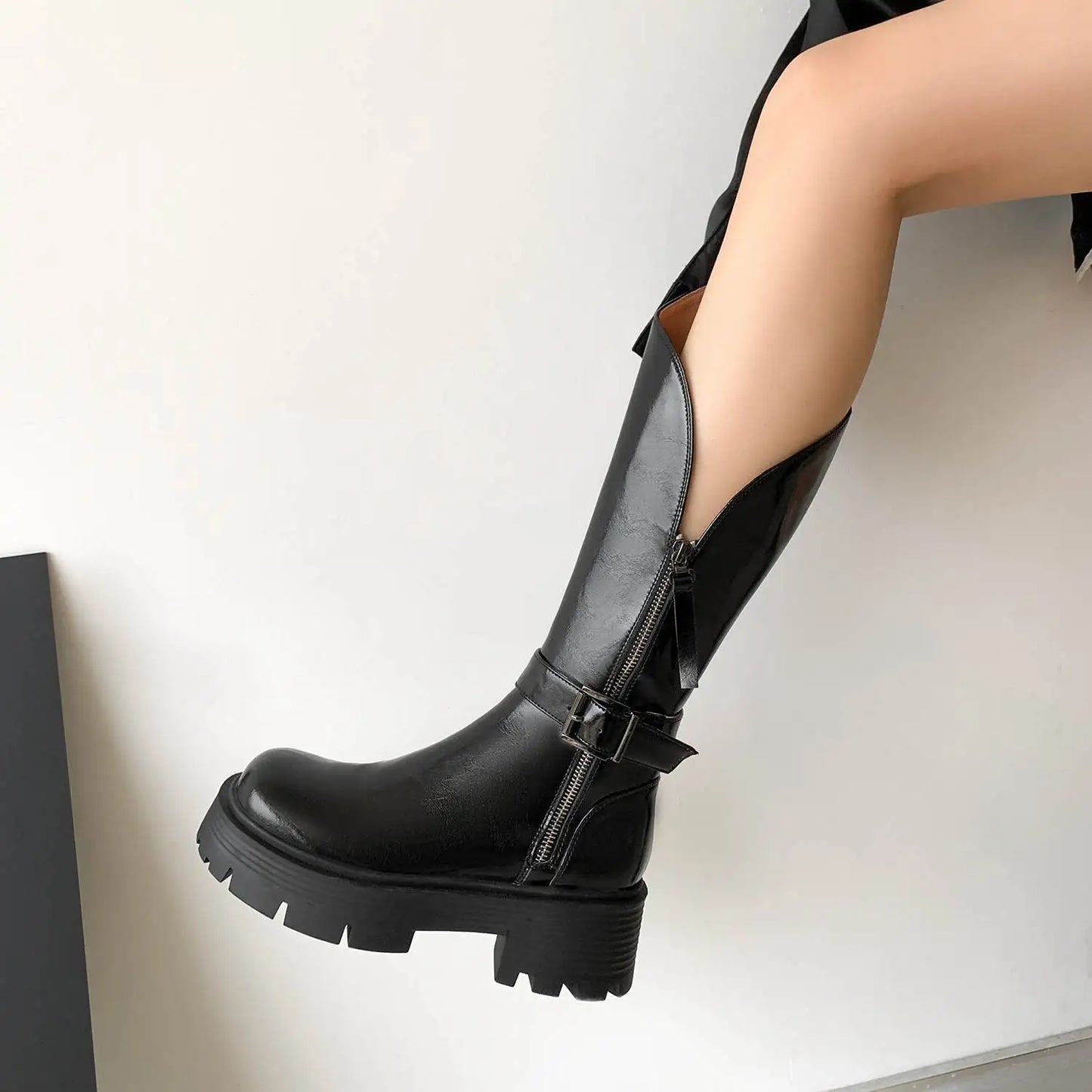 Handmade Full Grain Leather Round Toe Med Riding Heels / Long Boots Platform Deign Boots - Ghoddosh