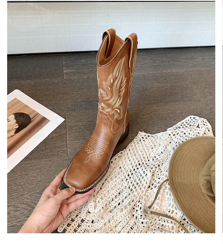 Embroidered brown cowboy boots — square toe and chunky mid-calf heel. - Ghoddosh